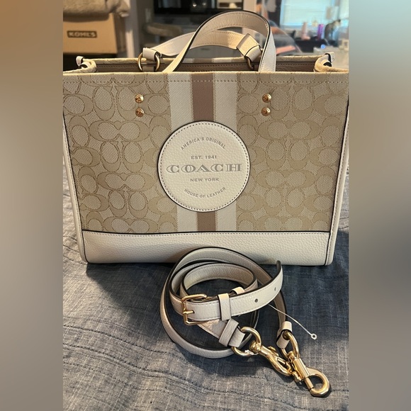 Coach Dempsey Beige Signature Stripe Tote with Leather Trim - Picture 5 of 5